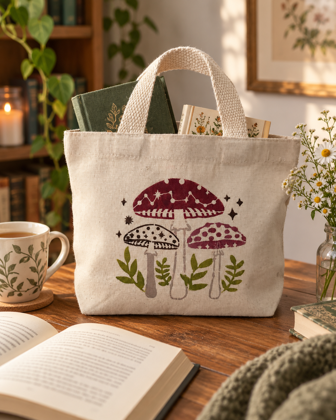 Storybook Mushroom Trio Tote — Natural