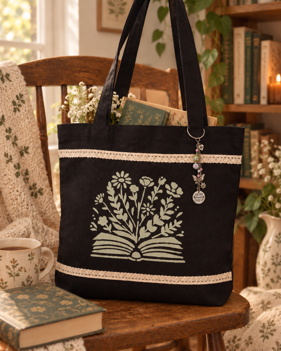 Pages in Bloom Tote — Black