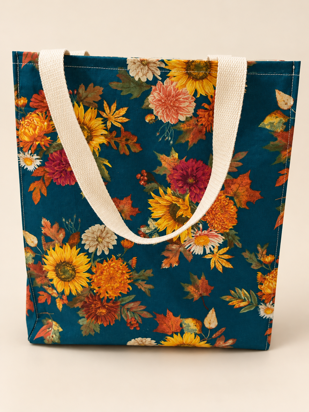 Autumn Sunflower Book Tote front view, cream handles and concealed strap reinforcement