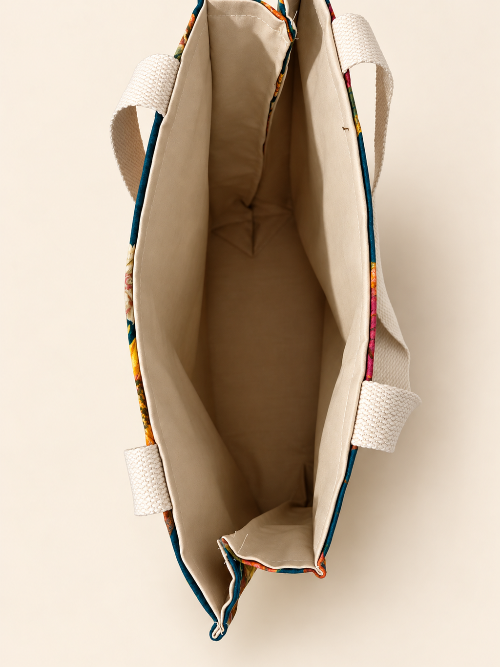 Autumn Sunflower Book Tote interior view, concealed strap reinforcement