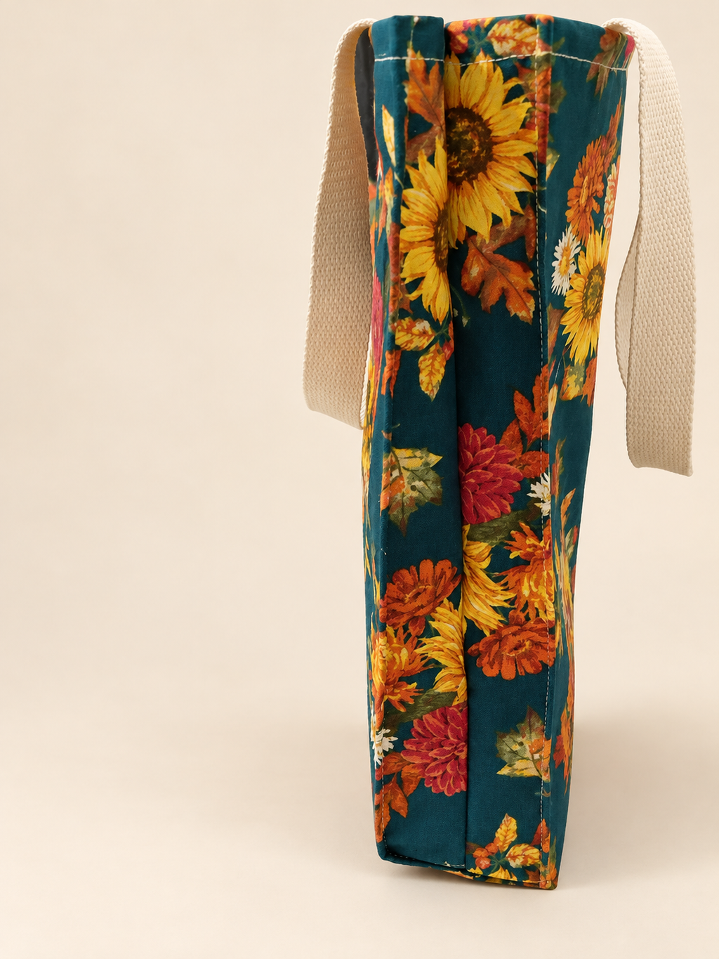 Autumn Sunflower Book Tote side view, concealed strap reinforcement