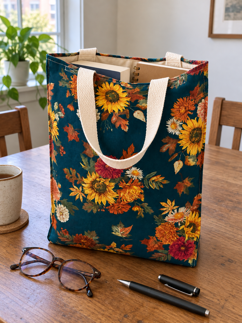 Lifestyle mockup of Autumn Sunflower tote holding a book and notebook