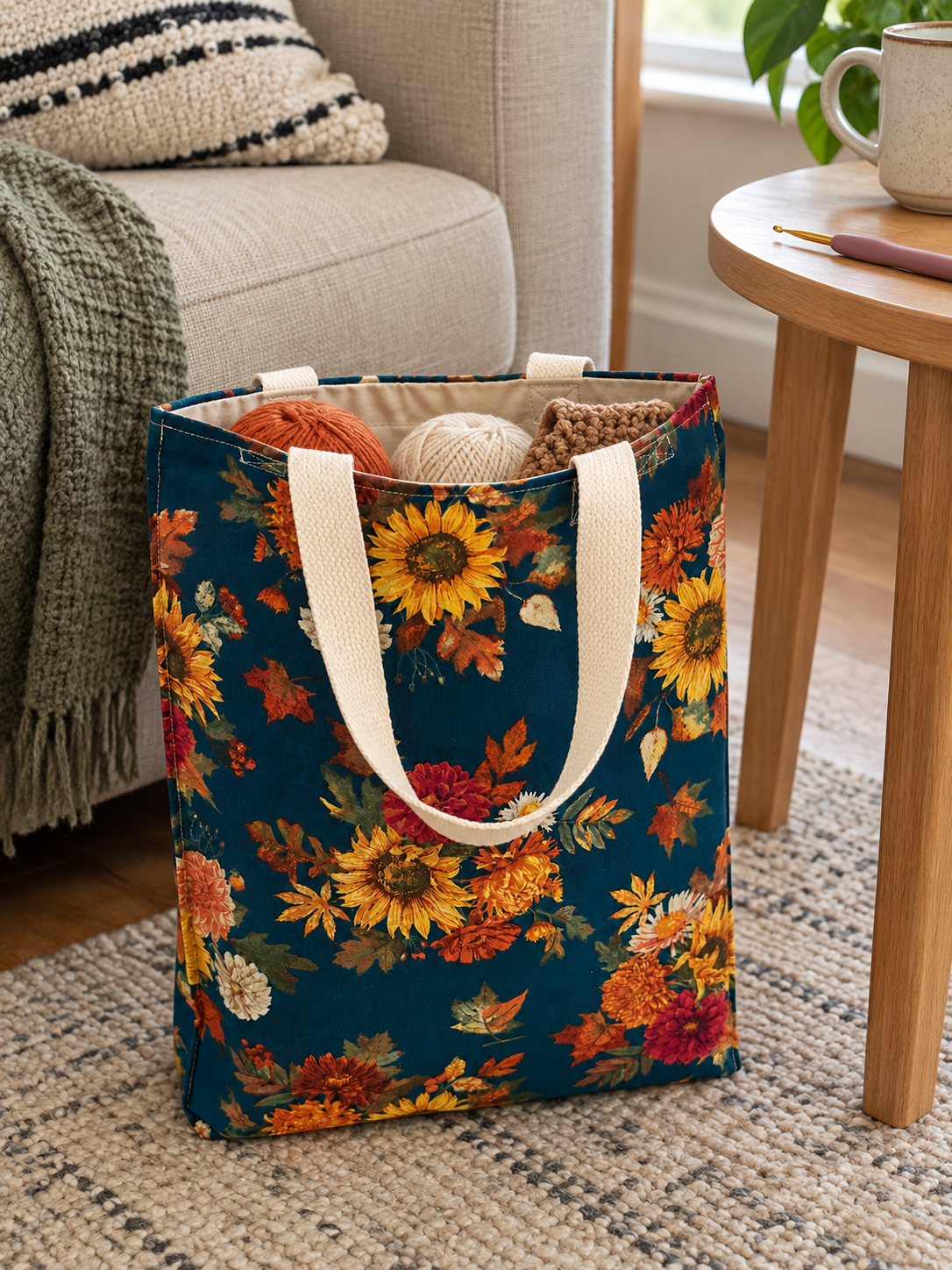 Lifestyle mockup of Autumn Sunflower tote holding yarn and a crochet project