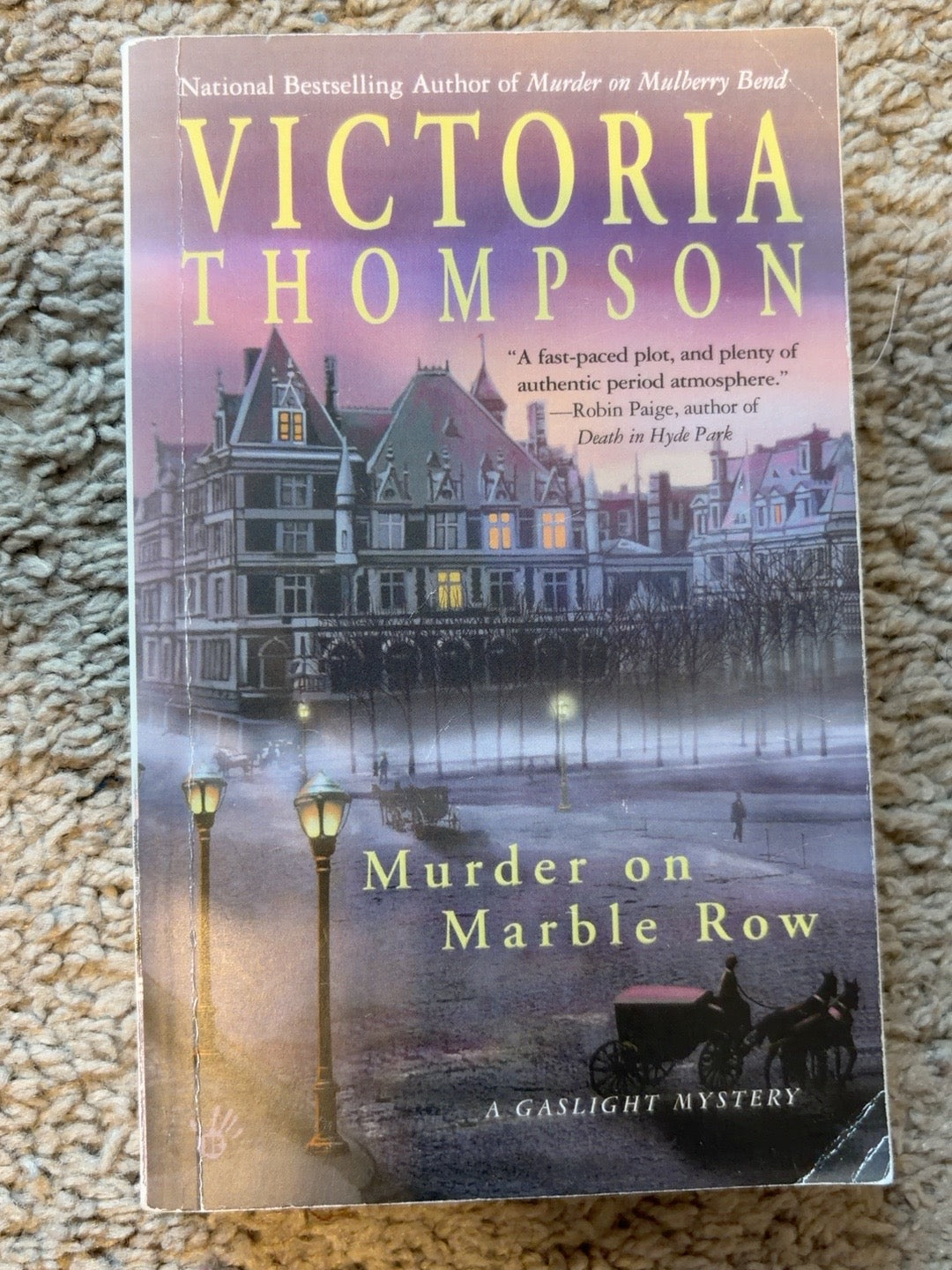 Murder on Marble Row by Victoria Thompson — actual used copy, front cover
