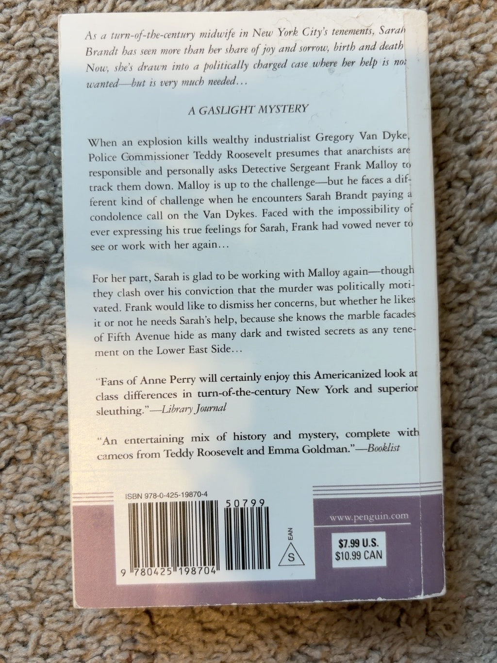 Murder on Marble Row by Victoria Thompson — actual used copy, back cover