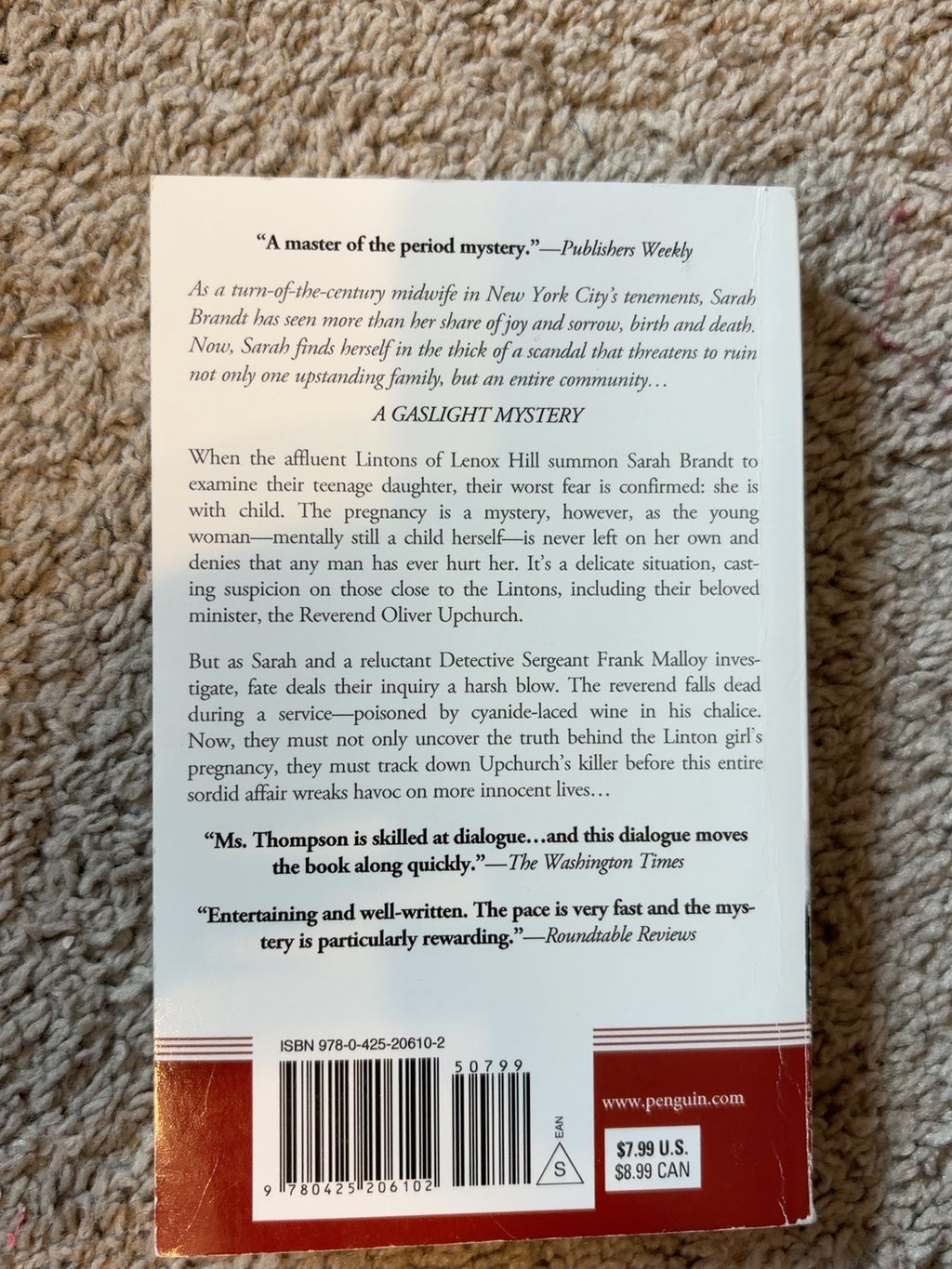 Murder on Lenox Hill by Victoria Thompson — actual used copy, back cover