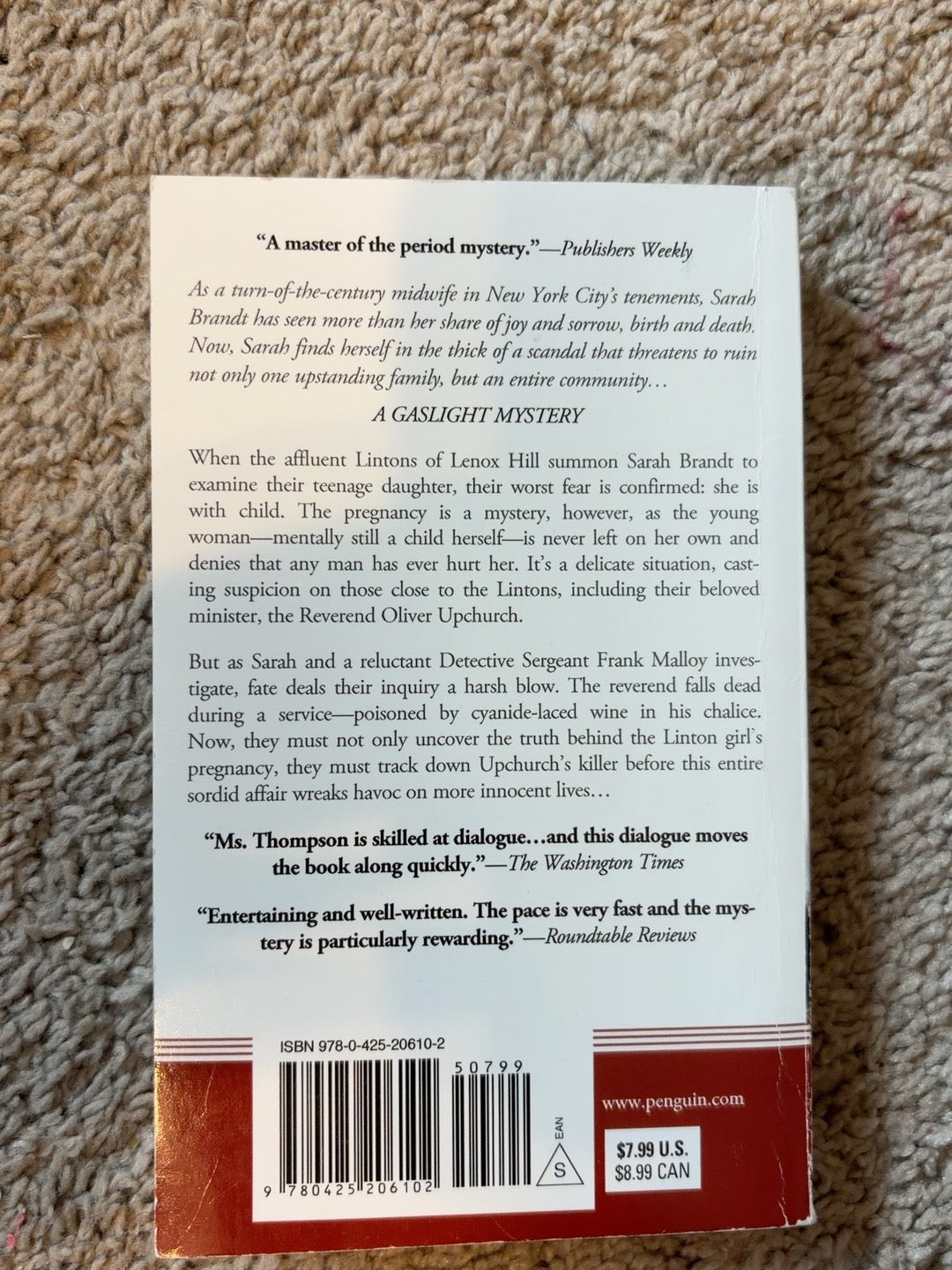 Murder on Lenox Hill by Victoria Thompson — actual used copy, back cover