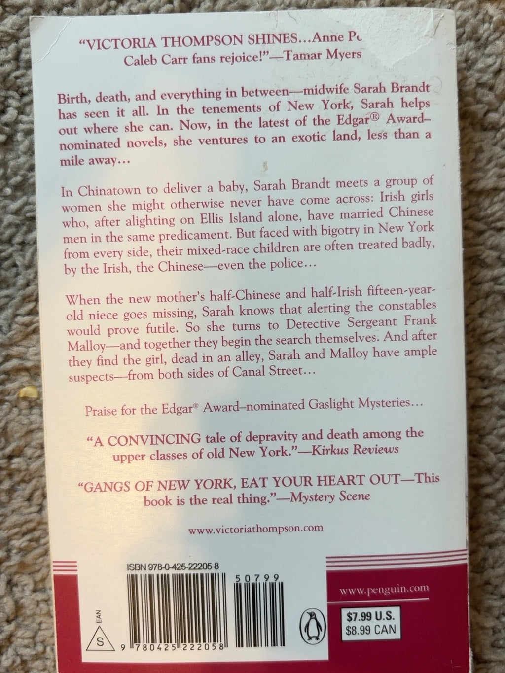 Murder in Chinatown by Victoria Thompson — actual used copy, back cover
