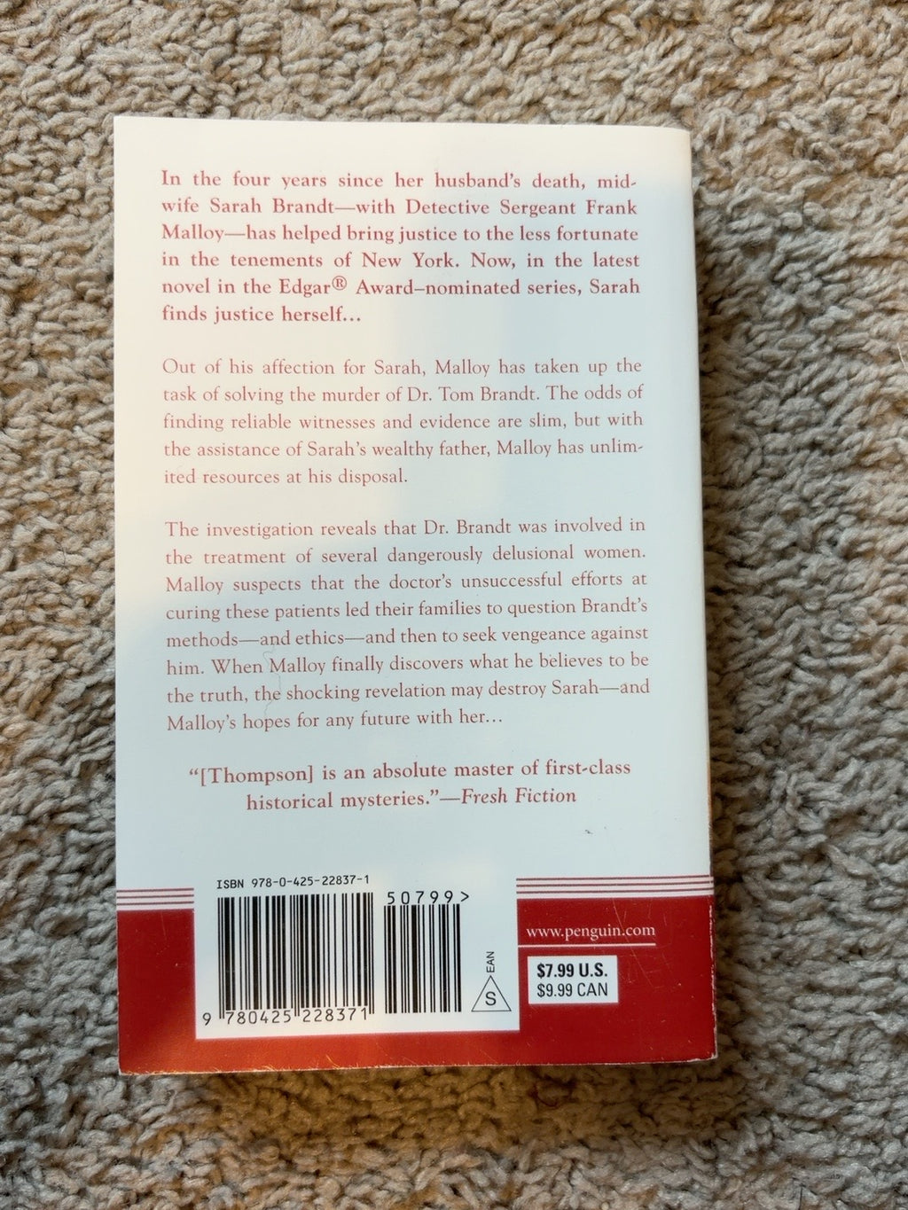 Murder on Bank Street by Victoria Thompson — actual used copy, back cover