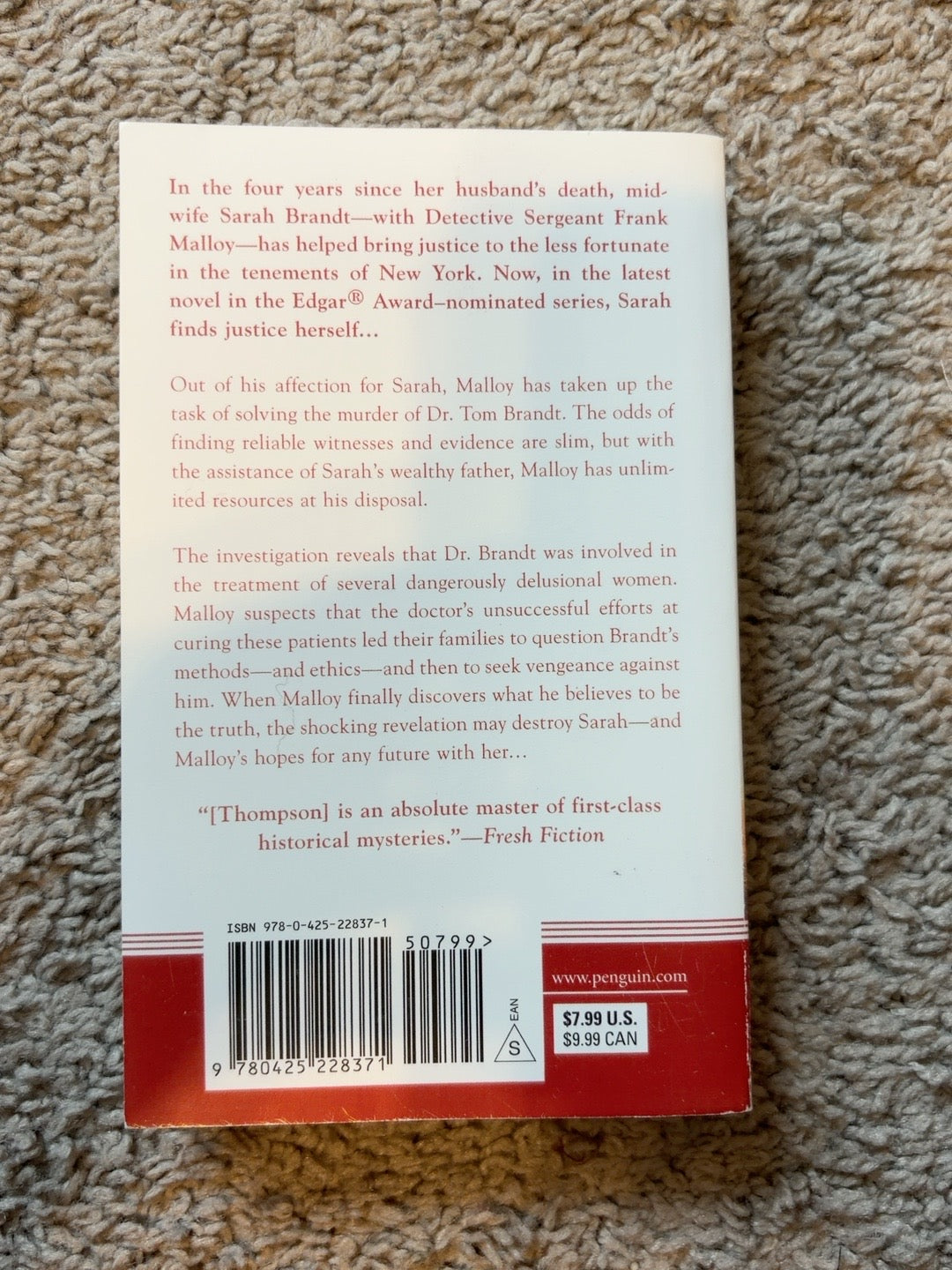 Murder on Bank Street by Victoria Thompson — actual used copy, back cover