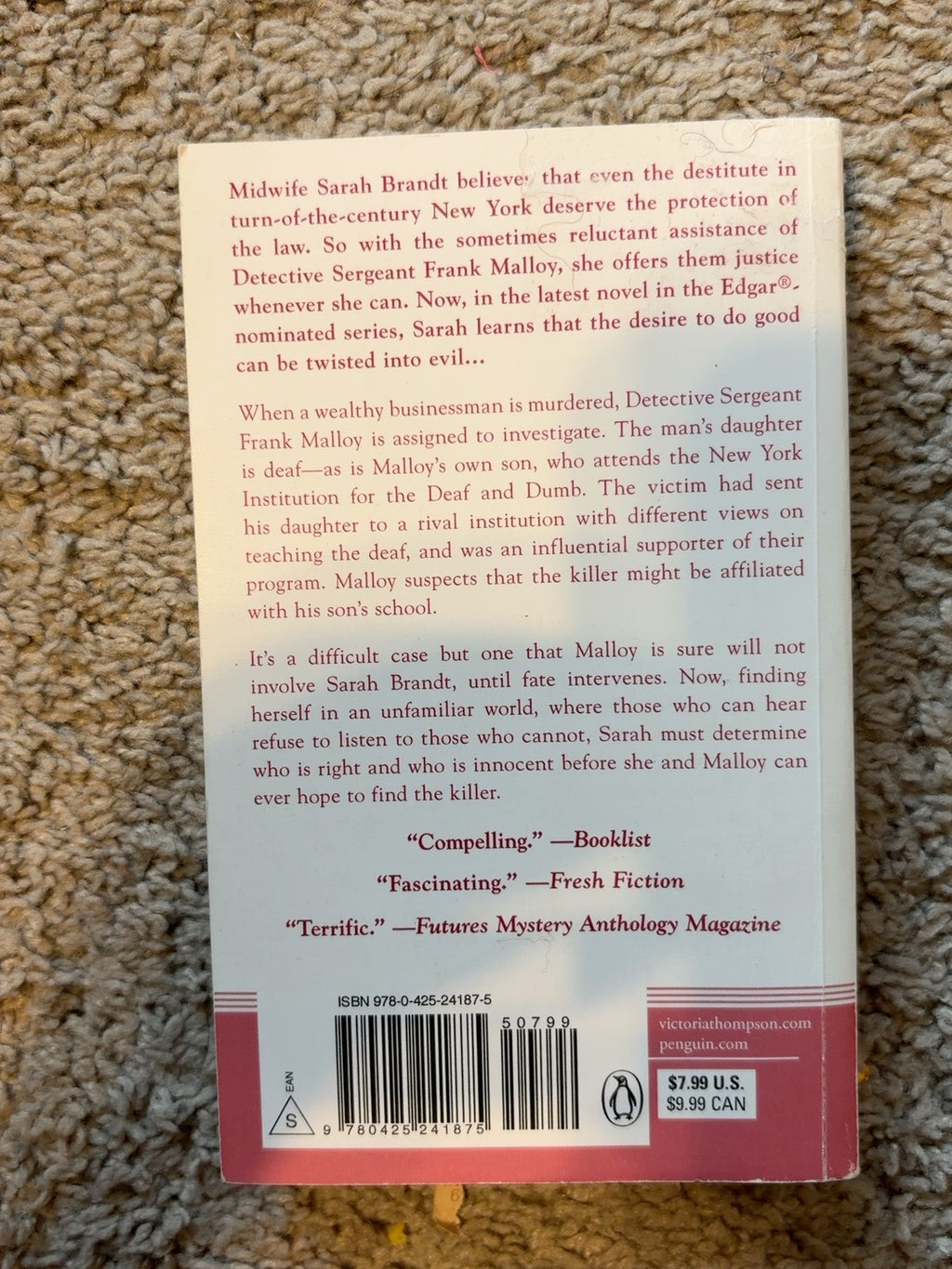 Murder on Lexington Avenue by Victoria Thompson — actual used copy, back cover