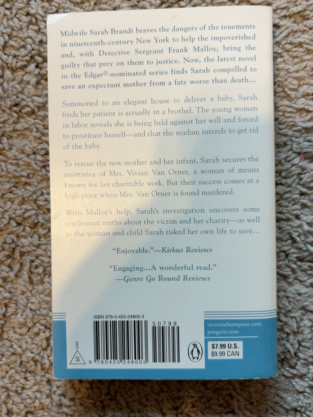 Murder on Sisters' Row by Victoria Thompson — actual used copy, back cover