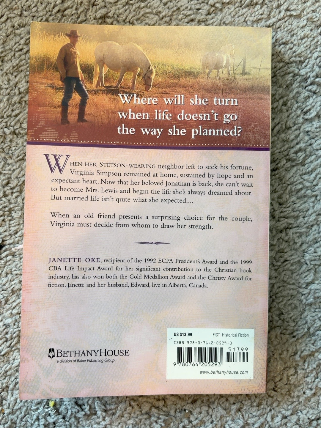 A Quiet Strength by Janette Oke — actual used copy, back cover