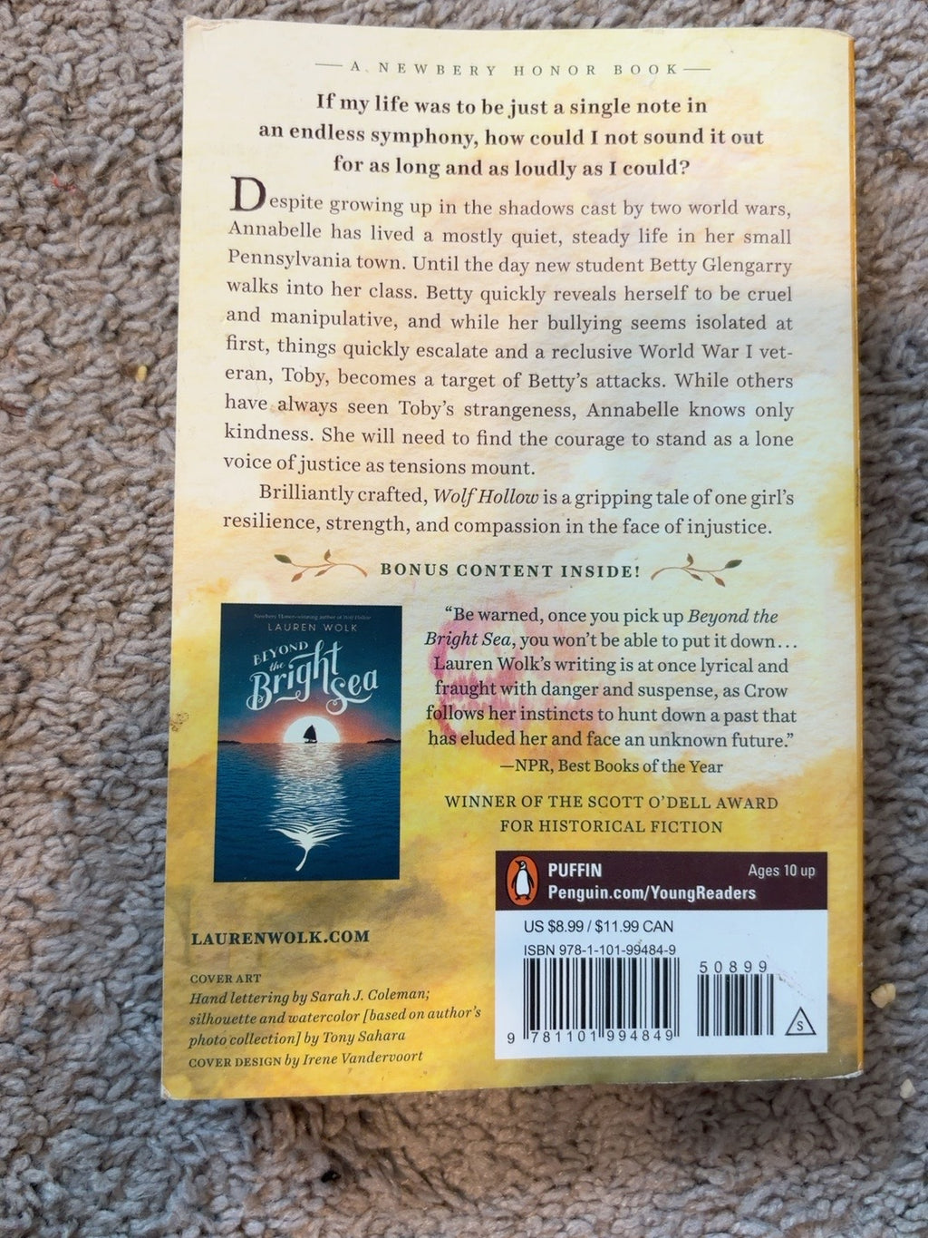 Wolf Hollow by Lauren Wolk — actual used copy, back cover