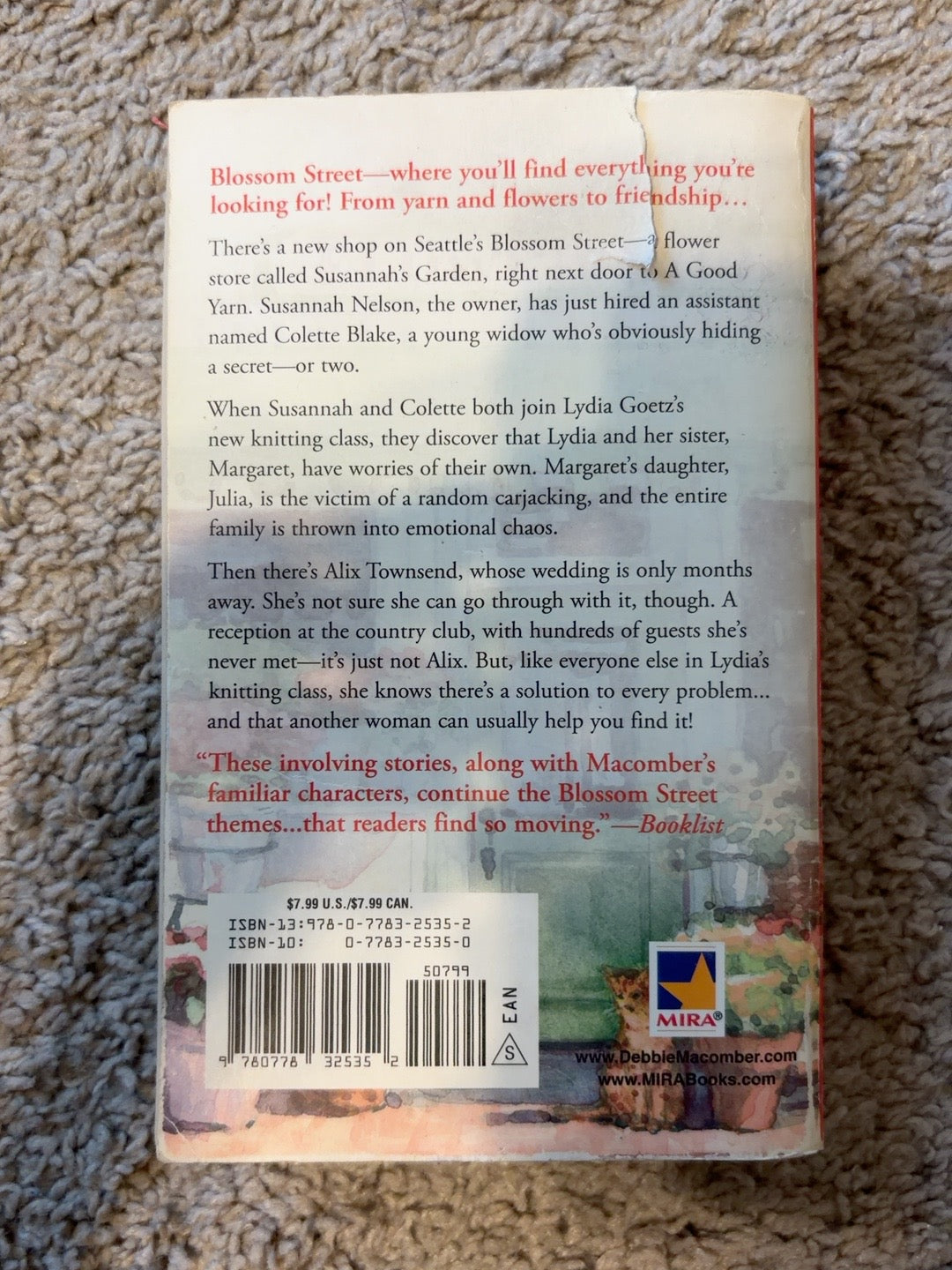 Back on Blossom Street by Debbie Macomber — actual used copy, back cover