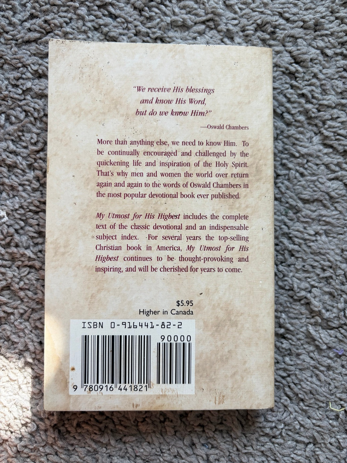 My Utmost for His Highest by Oswald Chambers — actual used copy, back cover