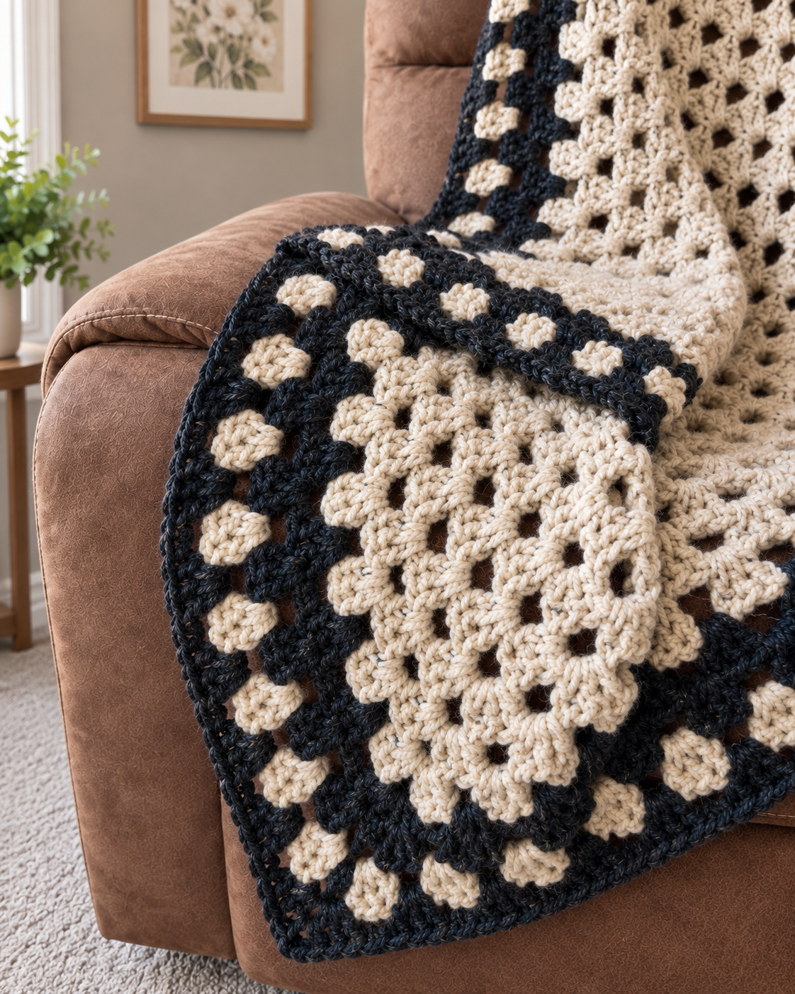 Close-up of oatmeal and charcoal crochet reading blanket border