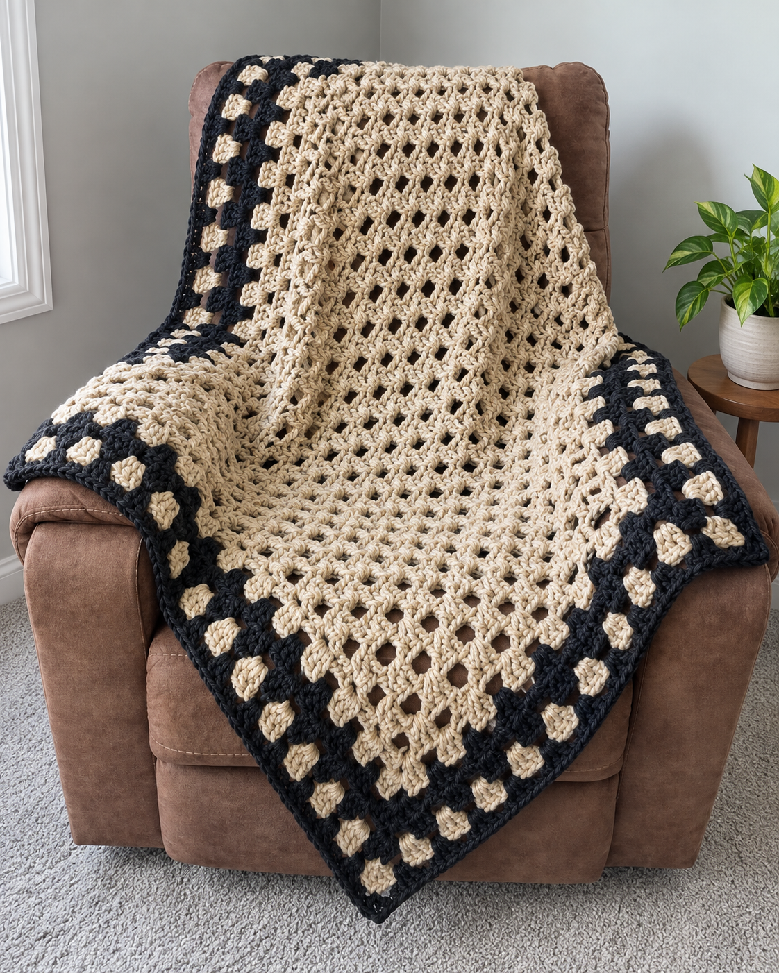 Oatmeal and charcoal crochet reading blanket draped over a brown recliner