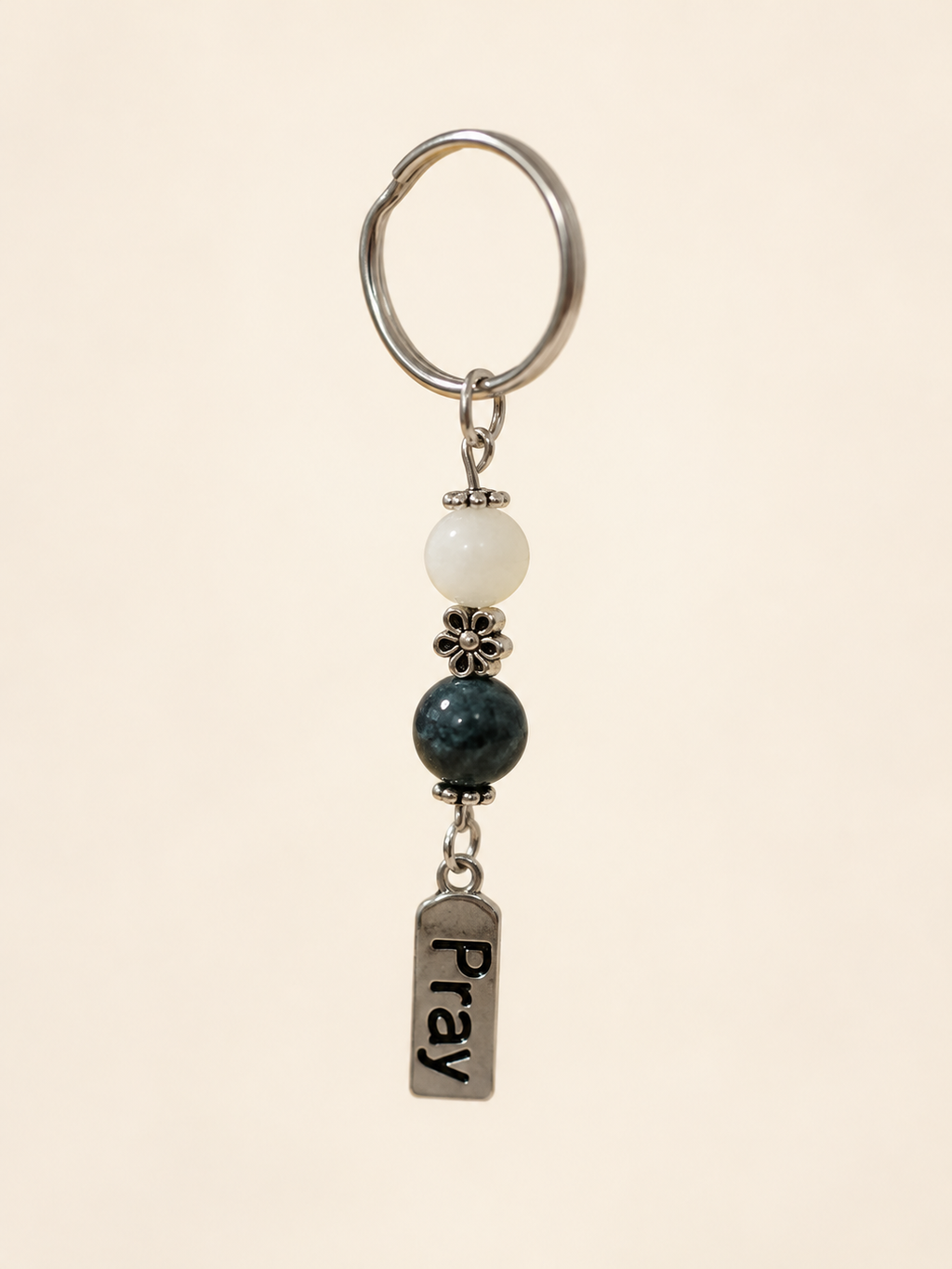 Pray Word Bead Keychain with white and deep teal beads