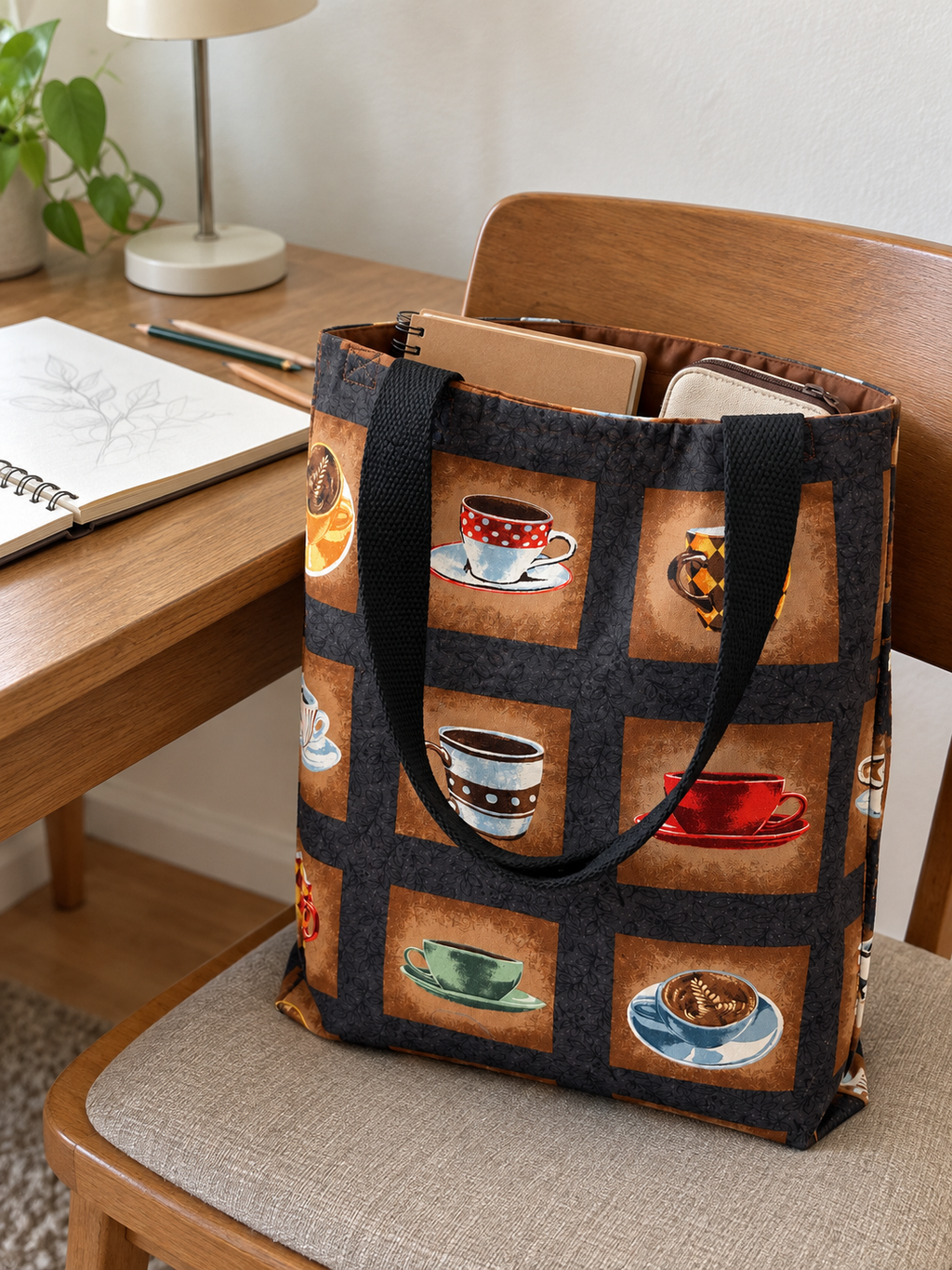 Lifestyle mockup of Coffeehouse Cups tote holding drawing supplies