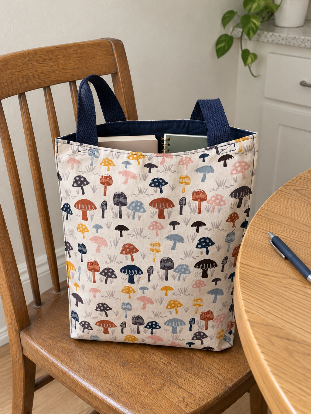 Lifestyle mockup of Mushroom Patch tote holding a book and notebook