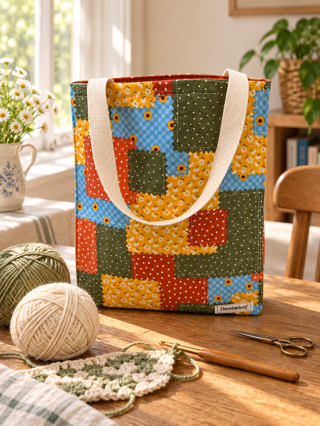 Patchwork Sunflower Market Tote, lifestyle crochet view