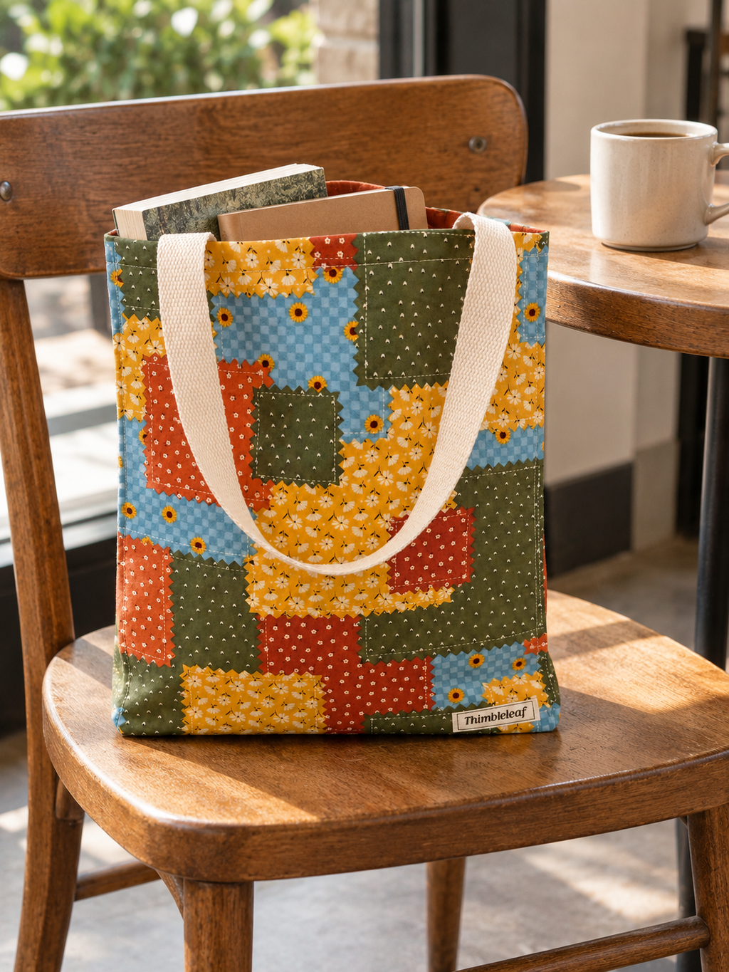Patchwork Sunflower Market Tote, lifestyle reading view