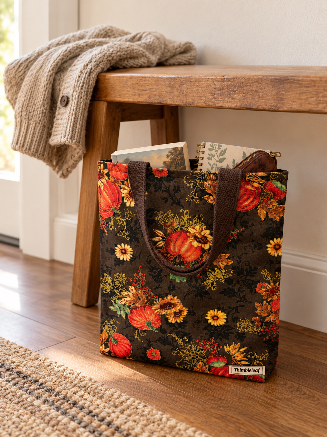Midnight Pumpkin Harvest Tote, lifestyle reading view